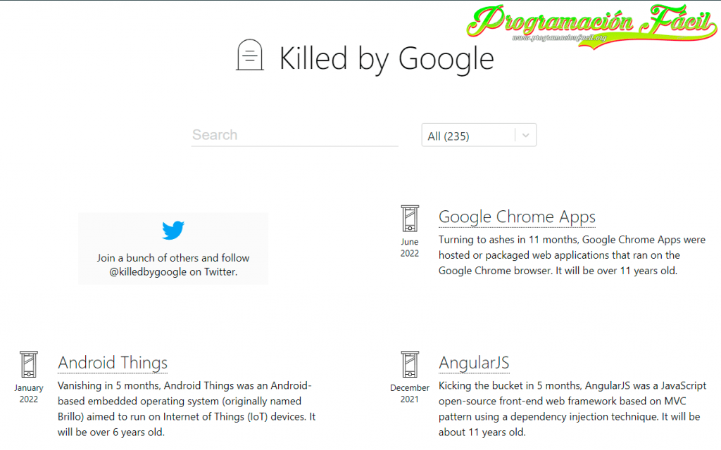 Página principal de Killed by Google.