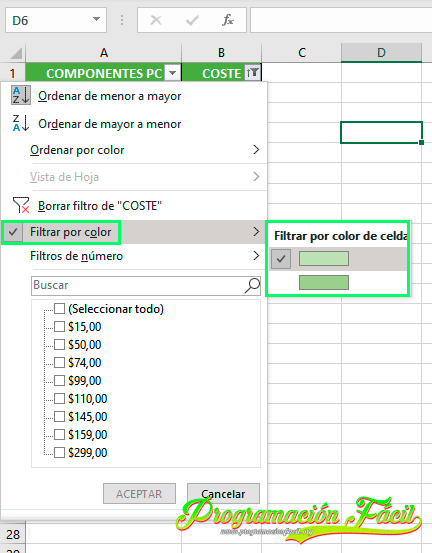Excel filtrar tablas por color