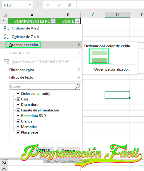 Excel ordenar tablas por color