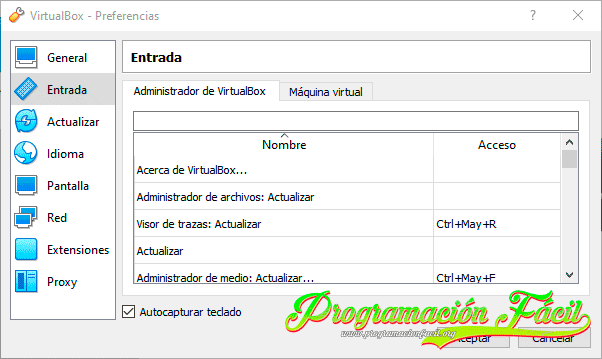 VirtualBox preferencias entrada