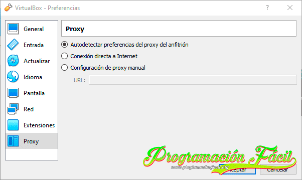 VirtualBox preferencias proxy