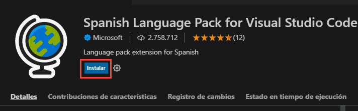 Spanish language pack Visual Studio Code
