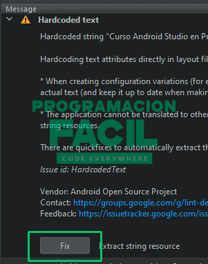 warning harcoded text android studio