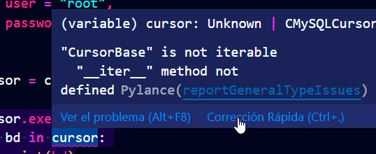 error pylance "CursorBase" is not iterable