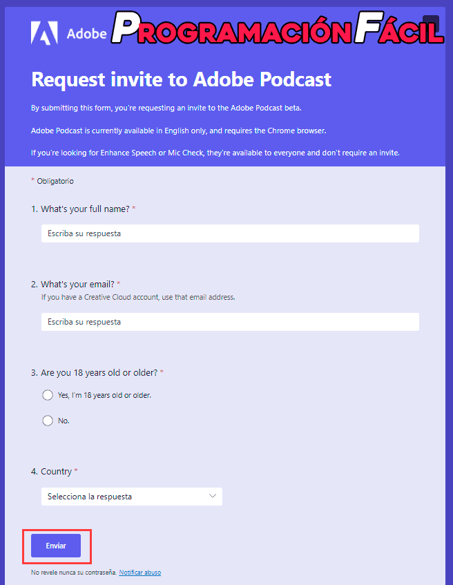 Formulario solicitud de adobe podcast
