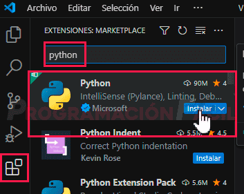 Instalación de extensión Python en VSCode