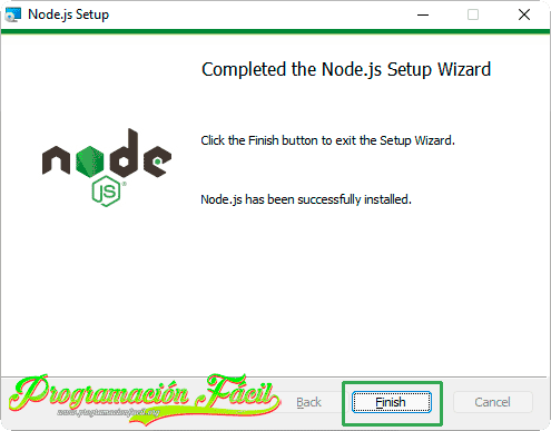 Finalizar instalación de Node.js